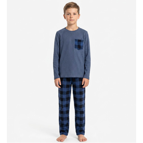 Boys Size 8-16 Denim Blue Waffle Cotton Long Top Flannel Long Pants Pyjama Set (Me)