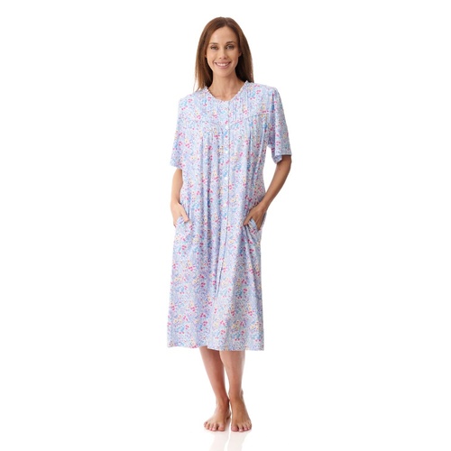 Womens Givoni Blue Floral Cotton Short Sleeve Summer Brunch Coat Bath Robe 28J