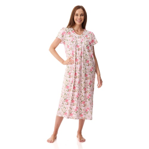 Womens Givoni Pink Floral Cotton Short Sleeve Summer Mid Length Nightie 05F