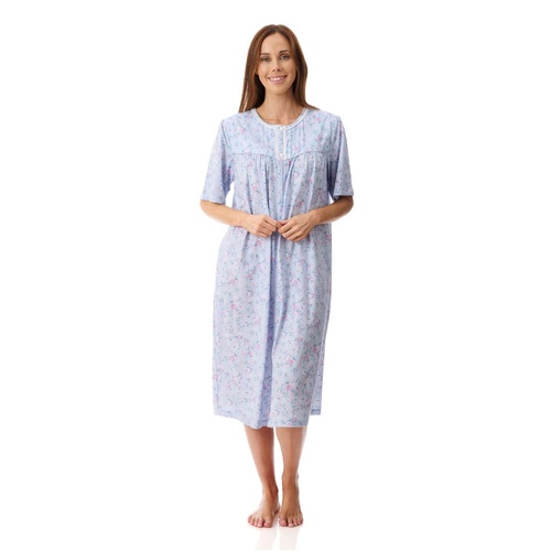 Womens Givoni Blue Floral Cotton Short Sleeve Summer Brunch Coat Bath Robe 46V
