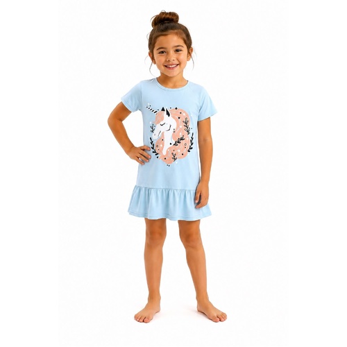 Girls Size 2-8 Blue Unicorn Summer Cotton Blend Short Sleeve Nightie (Me)