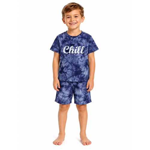 Boys Size 3-8 Navy Blue Tie Dye Chill Summer Cotton Short Sleeve Pyjama Set (Me)