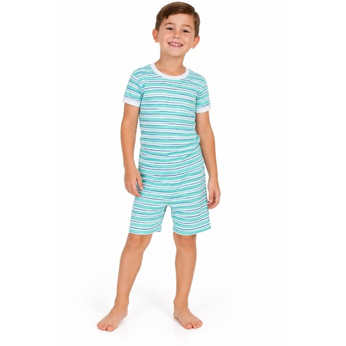 Boys Size 4-10 Marquise Green Stripe Summer Short Sleeve Cotton Pyjama Set