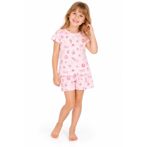Girls Size 3-8 Marquise Pink Floral Garden Summer Short Sleeve Cotton Pyjama Set