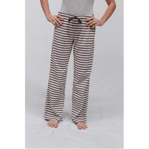 Ladies Coral Fleece Pants Winter Pyjamas PJS White Brown Stripe