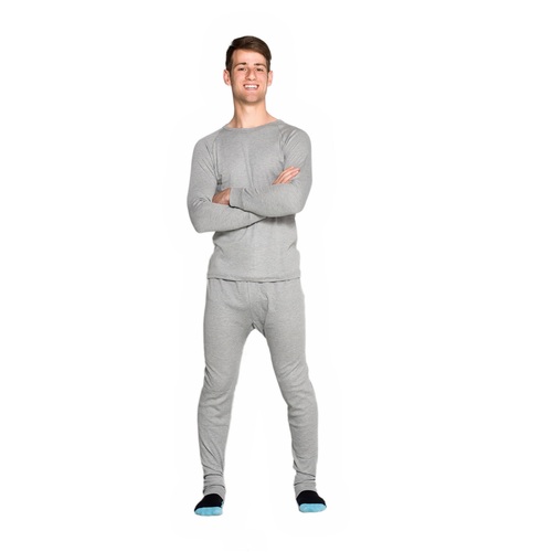 Mens Grey 2 Piece Set Cotton Blend Thermal Underwear Long Top & Long Pants