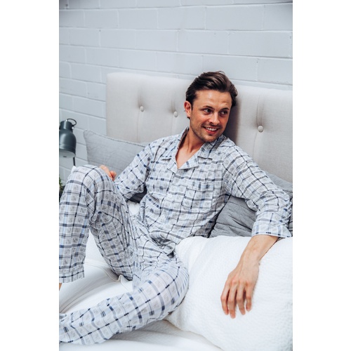Mens Long Cotton Pjs Pyjamas White Blue Grey Checks (sz S-XXL)