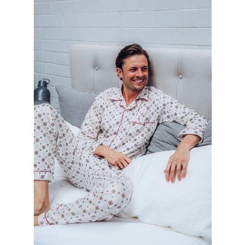 Mens Long Cotton Pjs Pyjamas White Brown Checks (sz S-XXL)