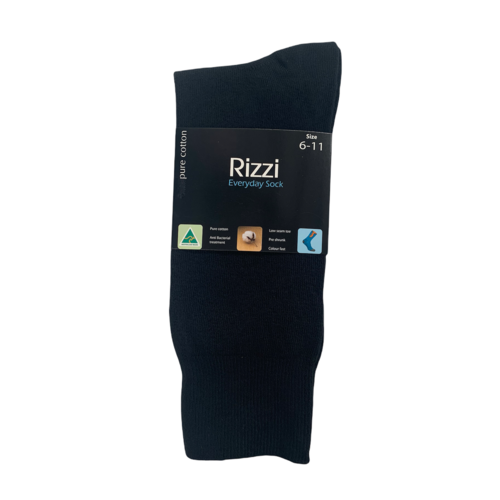 RIZZI Mens Black 6-11 & 11-14 Aust Made Pure Cotton Everyday Thin Dress Socks