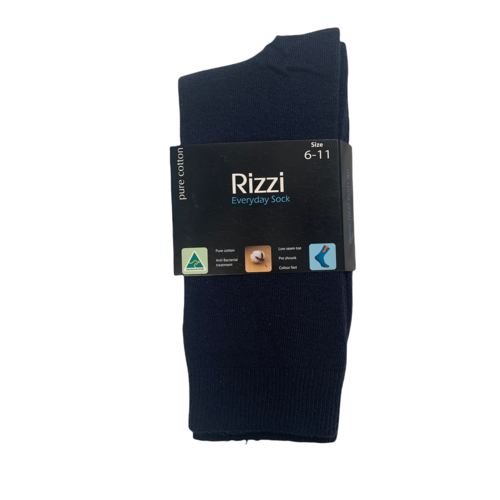 RIZZI Mens Navy 6-11 & 11-14 Aust Made Pure Cotton Everyday Thin Dress Socks