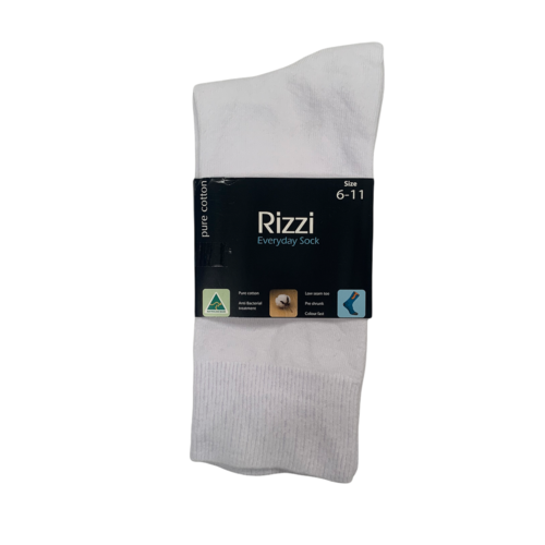RIZZI Mens White 6-11 & 11-14 Aust Made Pure Cotton Everyday Thin Dress Socks 