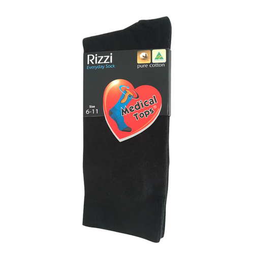 Mens Rizzi Australia Made Black Pure Cotton Medical Circulation Loose Top Socks 