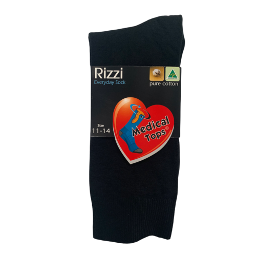 RIZZI Mens Black 6-11 & 11-14 Aust Made Pure Cotton Medical Loose Top Socks 