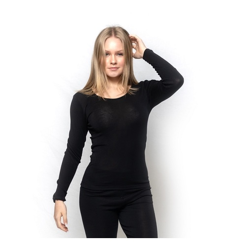 Ladies Brandella Thermals Spencers Pure Wool 200gsm Long Sleeve Top Black